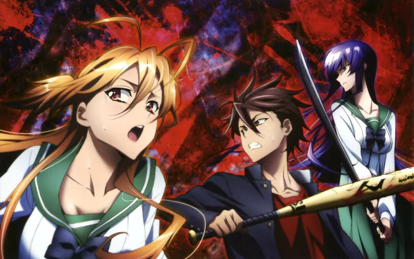 HD wallpaper featuring Saeko Busujima, Takashi Komuro, and Rei Miyamoto in school uniforms from the anime Highschool Of The Dead, set against a dramatic, colorful background.