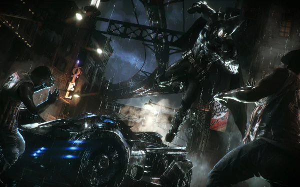 4K Ultra HD wallpaper featuring the Batmobile and Batman in action from the video game Batman: Arkham Knight, set in a dark, rain-soaked urban environment.