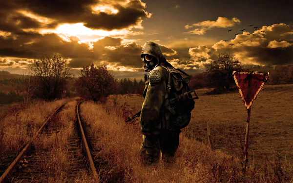 A lone soldier in a gas mask stands in a desolate landscape, with overgrown train tracks and a dramatic sunset, evoking a haunting sci-fi post-apocalyptic atmosphere.
