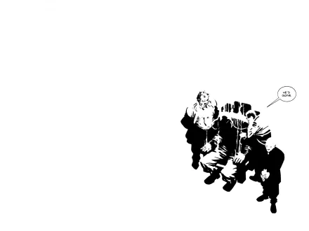 Minimalist Sin City (Comics) HD PC desktop wallpaper background: black comic-style silhouettes clustered at bottom-right with a small speech bubble on stark white.