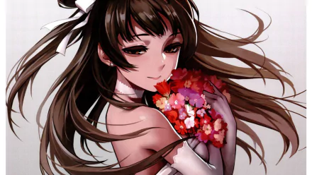A radiant bride with brown hair and eyes smiles warmly while cradling a bouquet of flowers. This HD anime wallpaper features Kotori Minami from Love Live!.