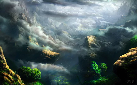 HD desktop wallpaper of a fantasy landscape featuring misty mountains and lush greenery illuminated by ethereal light beams, creating a mysterious and dramatic scene.
