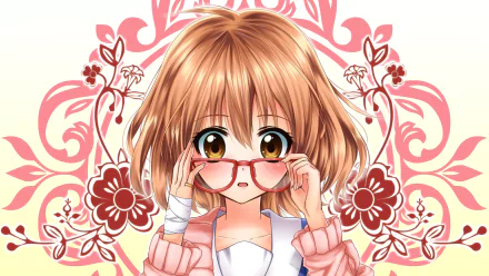 HD wallpaper featuring Mirai Kuriyama from *Beyond the Boundary*, showcasing her adjusting her glasses against a floral background, blending charm and vibrant anime aesthetics.