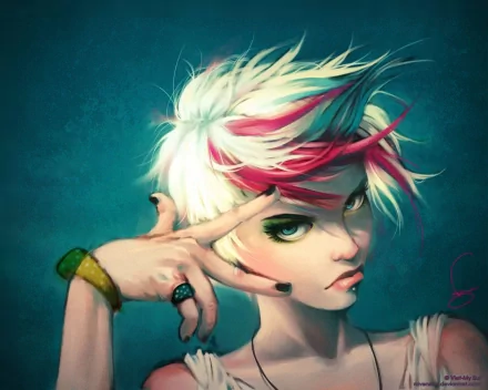 Illustration of a fantasy woman with vibrant pink and white hair, making a hand gesture near her face. This HD desktop wallpaper showcases her intense expression against a blue background.