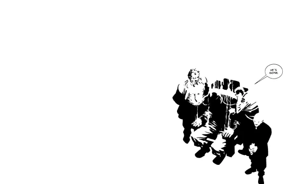 Minimalist Sin City (Comics) HD PC desktop wallpaper background: black comic-style silhouettes clustered at bottom-right with a small speech bubble on stark white.