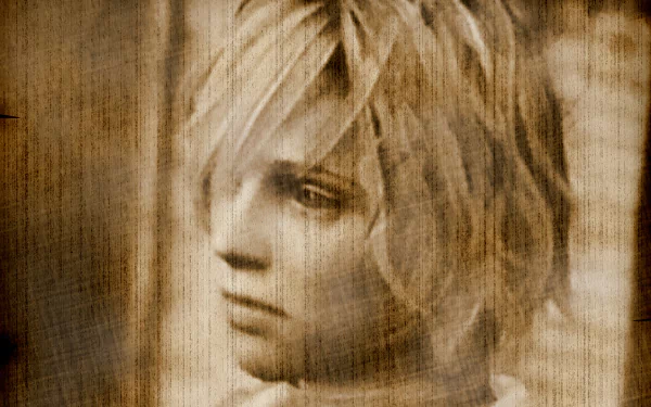 Sepia-toned HD PC desktop wallpaper from the video game Silent Hill 3: textured close-up portrait of Heather, a blonde woman with a melancholic, distant expression.