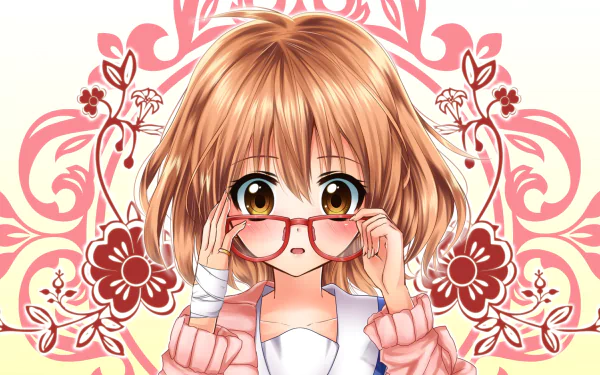 HD wallpaper featuring Mirai Kuriyama from *Beyond the Boundary*, showcasing her adjusting her glasses against a floral background, blending charm and vibrant anime aesthetics.