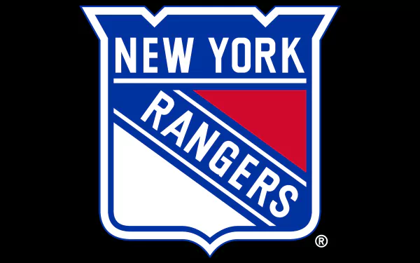 8K Ultra HD PC desktop wallpaper featuring the New York Rangers shield logo centered on a black sports-themed background.