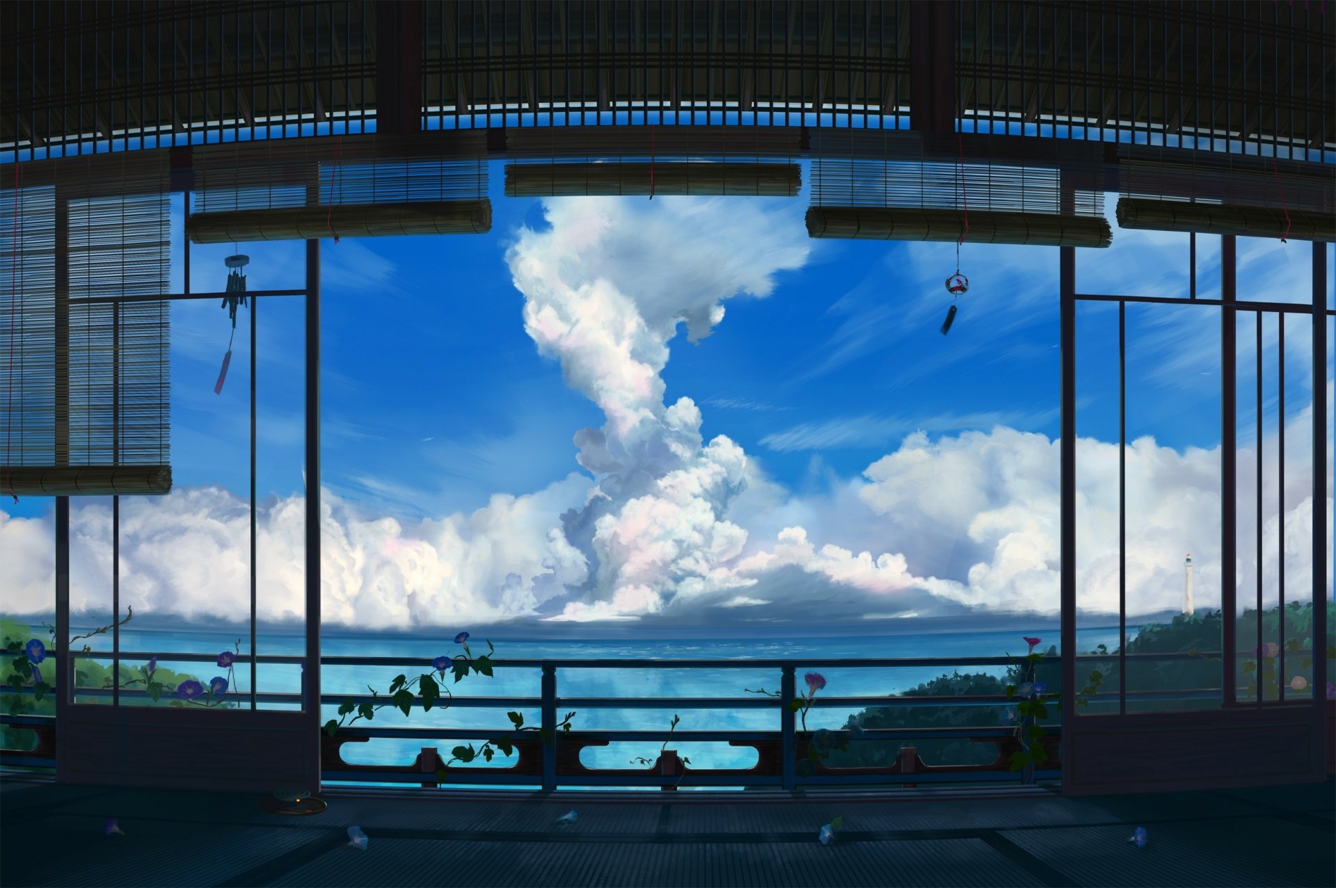 HD anime landscape wallpaper featuring a tranquil sea view from a panoramic window flanked by vibrant clouds.