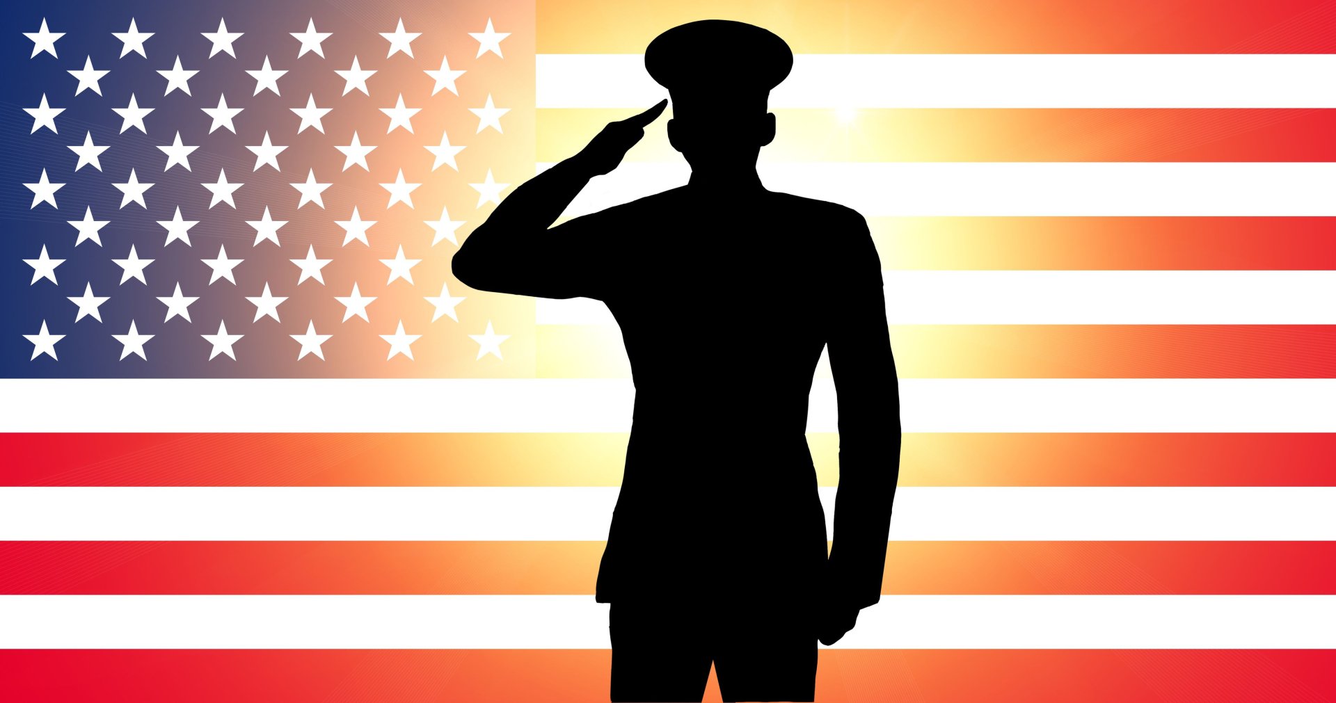 Silhouette of a soldier saluting in front of a glowing American flag, a 4K Ultra HD Memorial Day holiday PC desktop wallpaper and background.