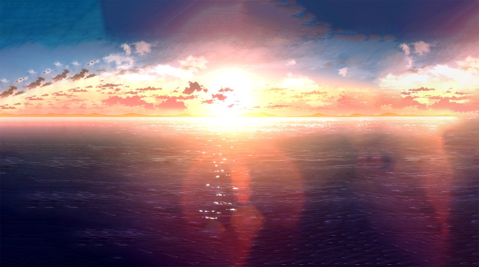 A stunning anime landscape featuring a vibrant sunset over tranquil waters, with clouds softly illuminated against a colorful sky. This HD wallpaper captures a serene, picturesque atmosphere.