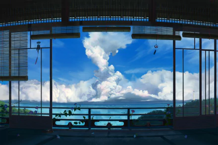 HD anime landscape wallpaper featuring a tranquil sea view from a panoramic window flanked by vibrant clouds.
