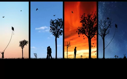 A vibrant HD desktop wallpaper featuring four scenes of silhouettes against varying backgrounds, depicting human connection and nature, with kites, trees, and a dynamic sky.