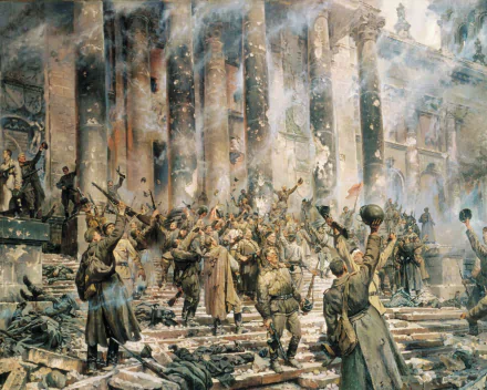 A vivid depiction of Soviet soldiers celebrating victory during World War II, surrounded by the ruins of a grand building, capturing the intensity of the era in this HD desktop wallpaper.