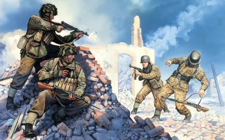 Four soldiers engage in combat amidst the ruins of a bombed-out city, capturing the intensity of military action during World War II. This image serves as an HD PC desktop wallpaper.