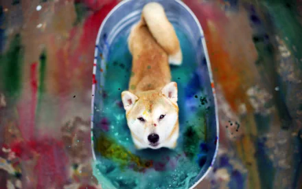 A Shiba Inu relaxes in a colorful, water-filled tub, surrounded by vibrant hues and abstract patterns, making for an engaging HD desktop wallpaper.