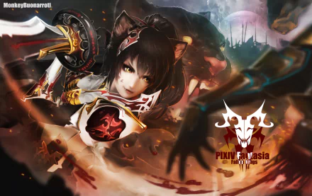 HD PC desktop wallpaper: anime fox-eared warrior in ornate armor, brandishing a glowing sword amid a dramatic Pixiv Fantasia Fallen Kings battle scene.