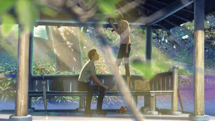 A serene scene from The Garden of Words, featuring Yukari Yukino and Takao Akizuki in a tranquil garden setting, bathed in soft sunlight—a beautiful anime background for any desktop.
