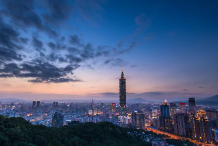 Nighttime cityscape of Taipei, Taiwan, featuring Taipei 101 skyscraper against a vibrant sky, captured in a high-definition landscape wallpaper.