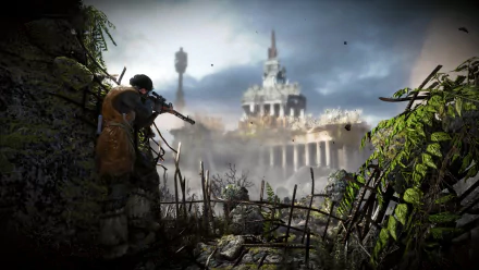 HD PC desktop wallpaper/background from the video game Metro Last Light Redux: a lone armed survivor aims a rifle across overgrown ruins toward a distant, crumbling monument under a stormy sky.