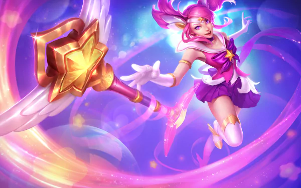 HD desktop wallpaper of Lux from League of Legends in her Star Guardians outfit, featuring vibrant colors and a magical, star-themed background.