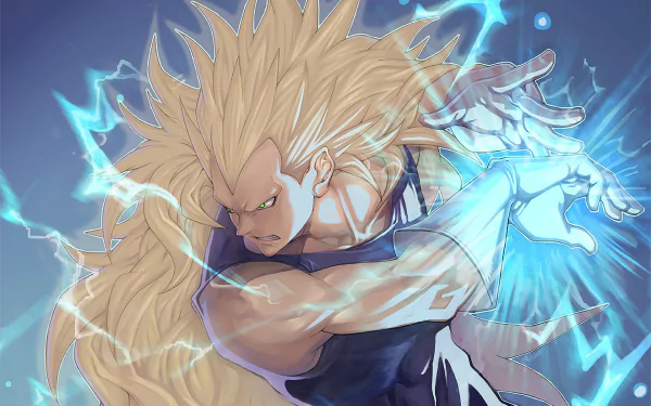 HD wallpaper of an intense Dragon Ball Z scene featuring a powerful Saiyan with long blonde hair, surrounded by electric blue energy.