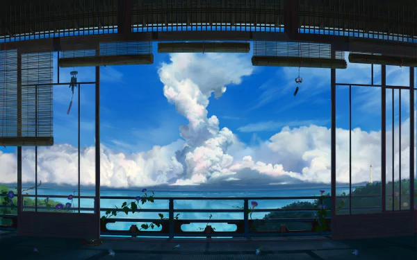 HD anime landscape wallpaper featuring a tranquil sea view from a panoramic window flanked by vibrant clouds.