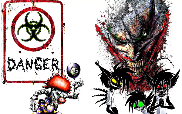 A dark, HD desktop wallpaper featuring a sinister clown with a haunting grin alongside eerie characters and a Danger sign, creating a chilling atmosphere.
