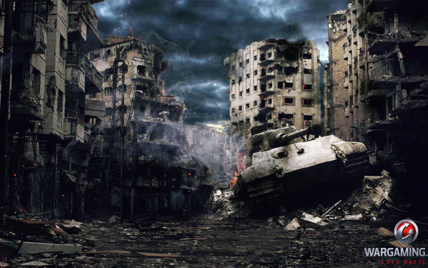 4K Ultra HD World of Tanks PC wallpaper depicting a war-torn cityscape with a damaged tank amidst crumbling buildings under a stormy sky.
