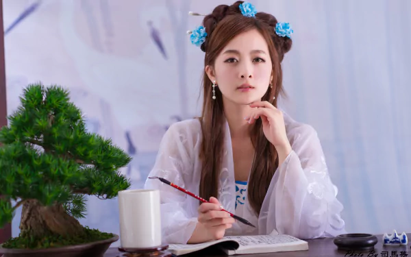 hairpin brush bonsai hair-dress traditional costume Chinese Taiwanese asian woman Mikako Zhang Kaijie HD Desktop Wallpaper | Background Image