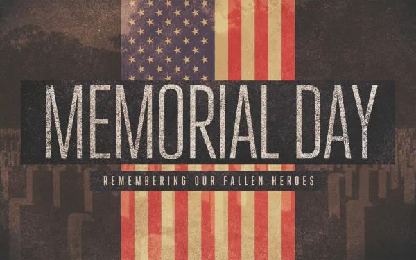 Memorial Day holiday HD PC desktop wallpaper: distressed American flag behind bold MEMORIAL DAY text and subtitle Remembering Our Fallen Heroes over silhouetted cemetery headstones.