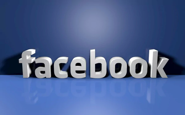 3D rendered Facebook logo in metallic gray on a blue gradient background, designed as a high-definition PC desktop wallpaper showcasing technology branding.