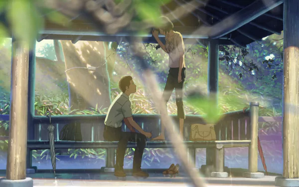 A serene scene from The Garden of Words, featuring Yukari Yukino and Takao Akizuki in a tranquil garden setting, bathed in soft sunlight—a beautiful anime background for any desktop.