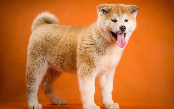 A cheerful Akita stands against an orange background, showcasing its fluffy coat and playful demeanor in this vibrant 4K Ultra HD desktop wallpaper.
