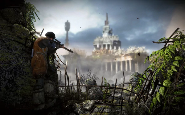 HD PC desktop wallpaper/background from the video game Metro Last Light Redux: a lone armed survivor aims a rifle across overgrown ruins toward a distant, crumbling monument under a stormy sky.