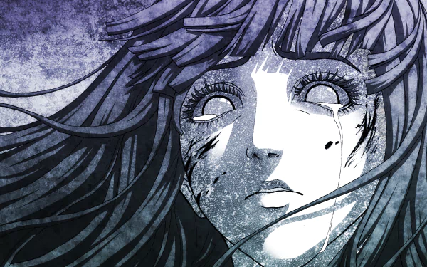 HD desktop wallpaper of Hinata Hyuga from Naruto, featuring an intense close-up of her face with dramatic shading and detailed, expressive eyes. The background has a textured, dark hue.