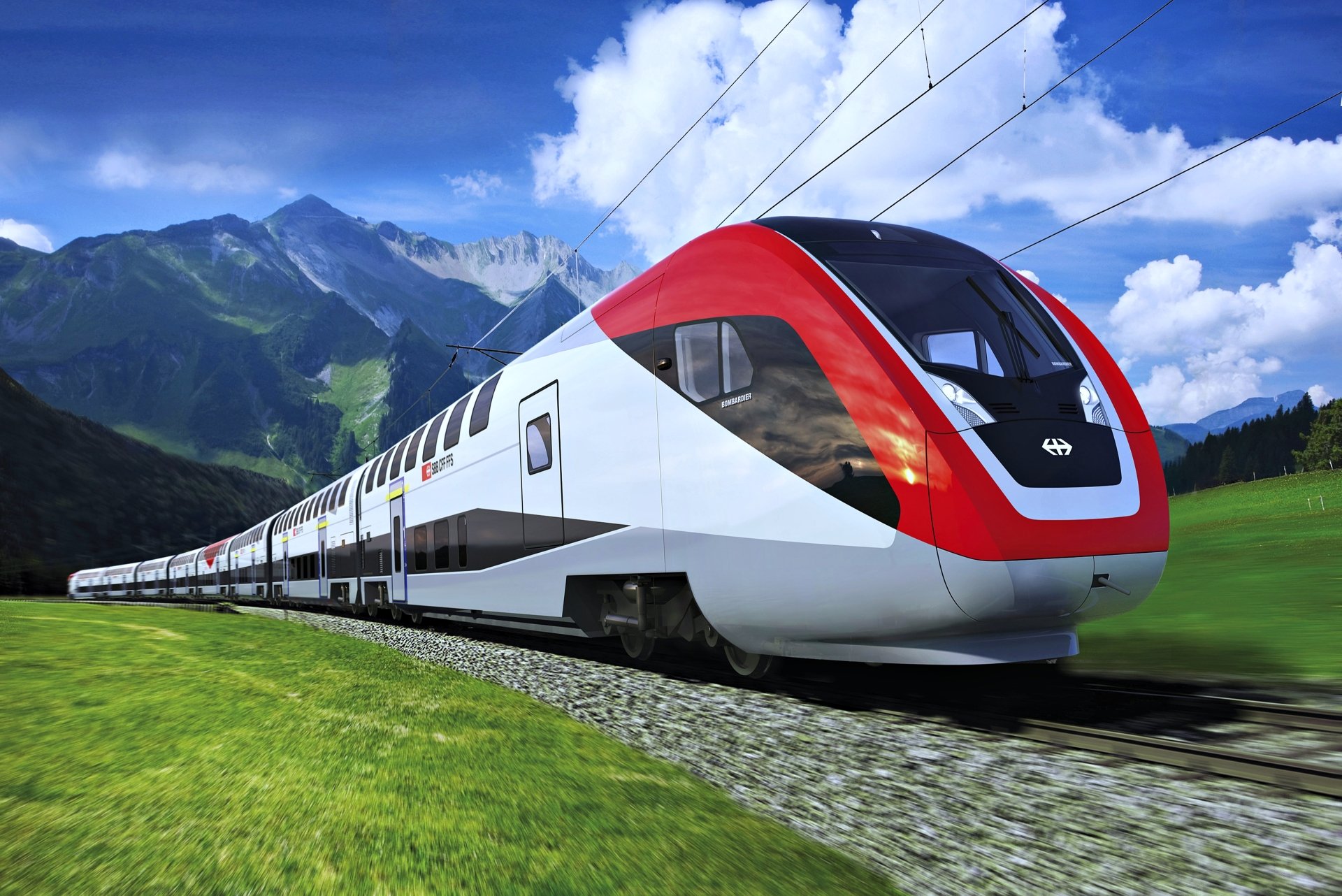 A modern train glides along the tracks in Switzerland, surrounded by lush greenery and majestic mountains, captured in stunning 4K Ultra HD detail.