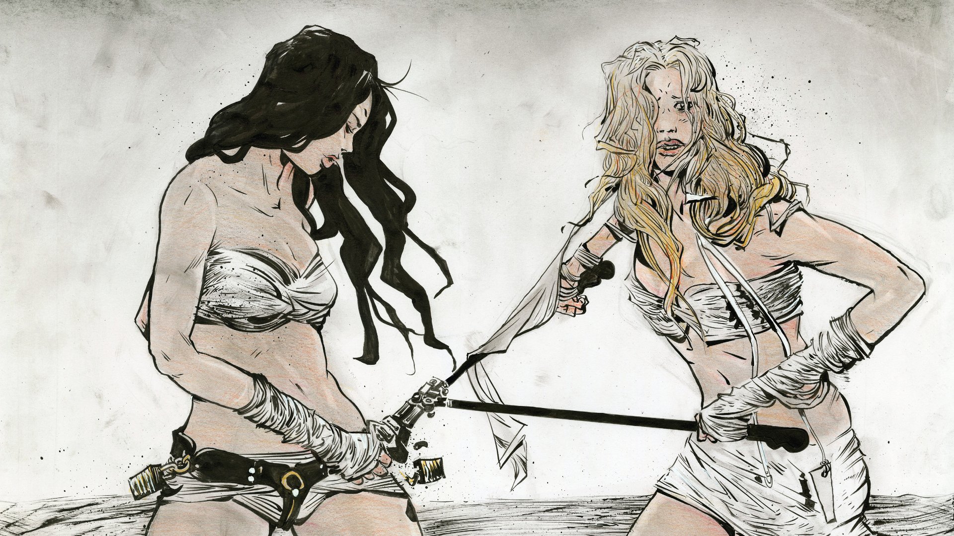 HD PC desktop wallpaper of a Mad Max: Fury Road scene: two tattered, battle-ready women in white wraps duel with blades in a gritty, sketch-style composition.