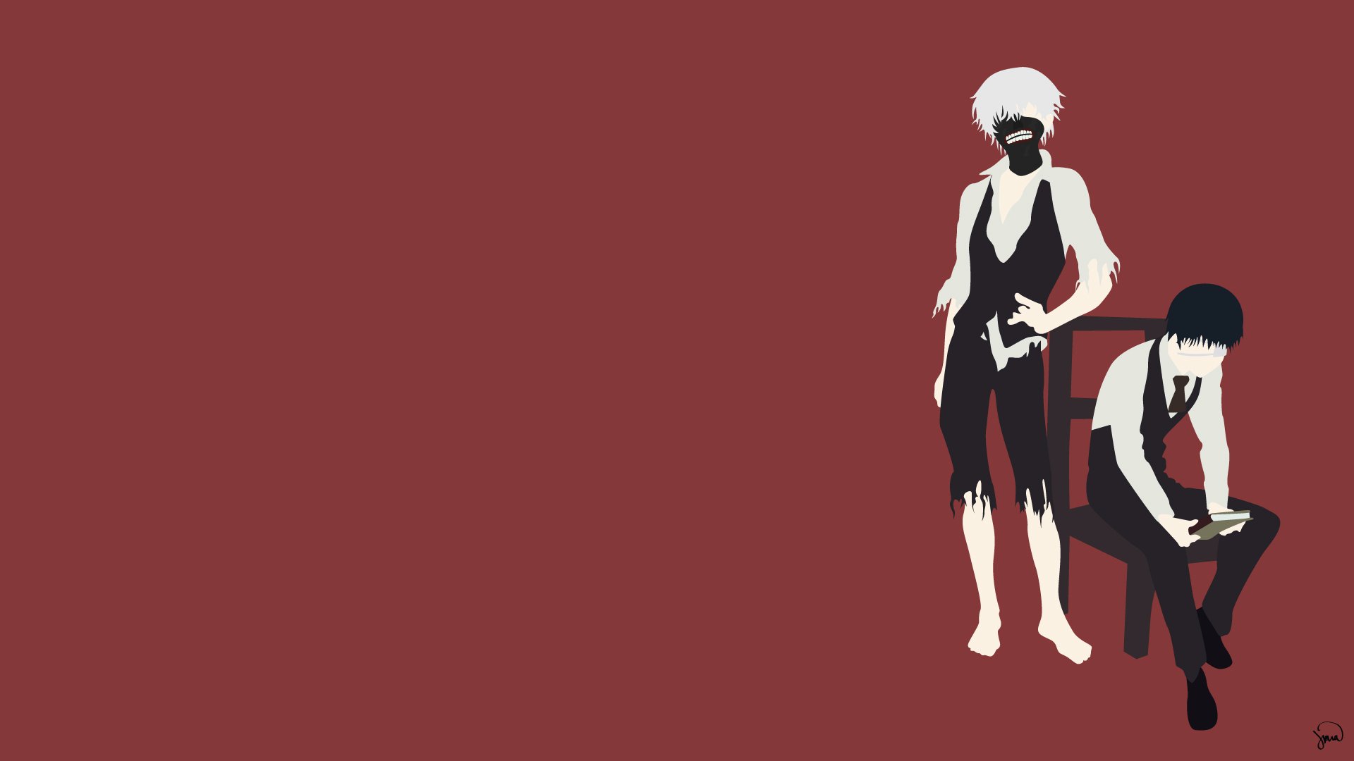 A stylized HD wallpaper featuring Ken Kaneki from the anime Tokyo Ghoul, showcasing a dramatic contrast between the characters against a rich red background.