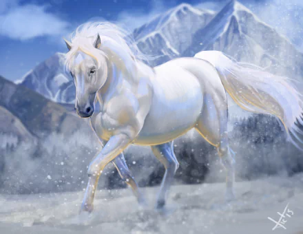A majestic white horse gallops through a snowy landscape, set against towering mountains, creating a stunning HD desktop wallpaper and background.