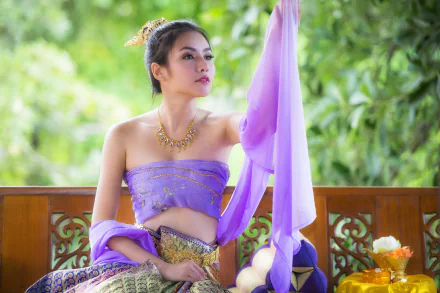 Asian woman wearing a traditional Thai costume and a necklace, posing gracefully in a lush green setting. This HD desktop wallpaper highlights her elegant attire and serene surrounding.