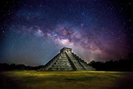 A stunning view of Chichen Itza in Yucatán, Mexico, illuminated under the Milky Way, showcasing the grandeur of this ancient pyramid against a starry backdrop.