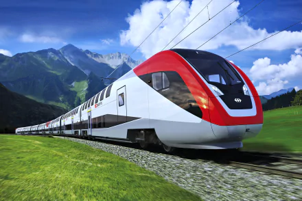 A modern train glides along the tracks in Switzerland, surrounded by lush greenery and majestic mountains, captured in stunning 4K Ultra HD detail.