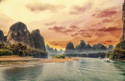 A stunning sepia landscape of Yangshuo, China, featuring the iconic limestone mountains along the Li River, captured in 4K Ultra HD for a striking desktop wallpaper.