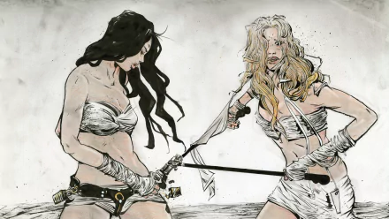 HD PC desktop wallpaper of a Mad Max: Fury Road scene: two tattered, battle-ready women in white wraps duel with blades in a gritty, sketch-style composition.