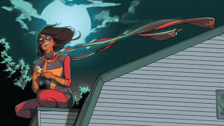 HD comic-style desktop wallpaper featuring Ms. Marvel perched on a rooftop at night with a glowing full moon and flowing scarf in the background.