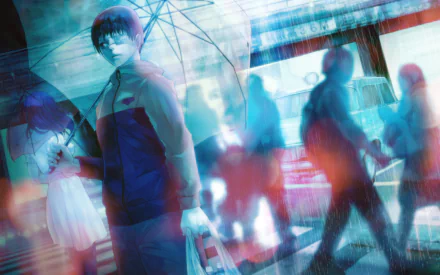 A vibrant HD desktop wallpaper featuring Rize Kamishiro and Ken Kaneki from Tokyo Ghoul. The scene captures a dynamic urban atmosphere with blurred figures and an intriguing color palette.