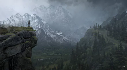 A breathtaking HD desktop wallpaper from the video game Rise of the Tomb Raider, featuring a lone figure standing on a cliff, overlooking majestic mountains and a dense forested landscape.