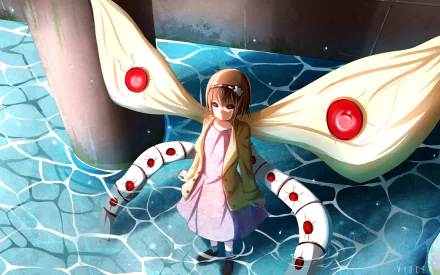 HD desktop wallpaper of Hinami Fueguchi from Tokyo Ghoul, featuring her kagune, dressed in a pink dress with a jacket, crying by the water.