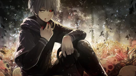 HD desktop wallpaper of Ken Kaneki from Tokyo Ghoul, wearing a hoodie. He sits amidst a dark, atmospheric background with falling petals, his hand near his face, revealing his iconic red eye.